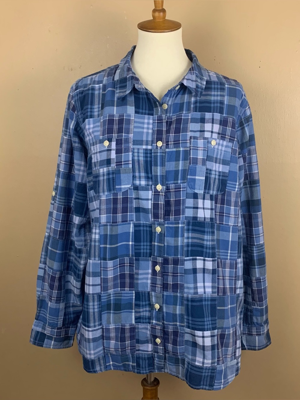 LL Bean Shirt Womens XL Blue Patchwork Plaid Button Up Cotton Roll Tab Sleeve